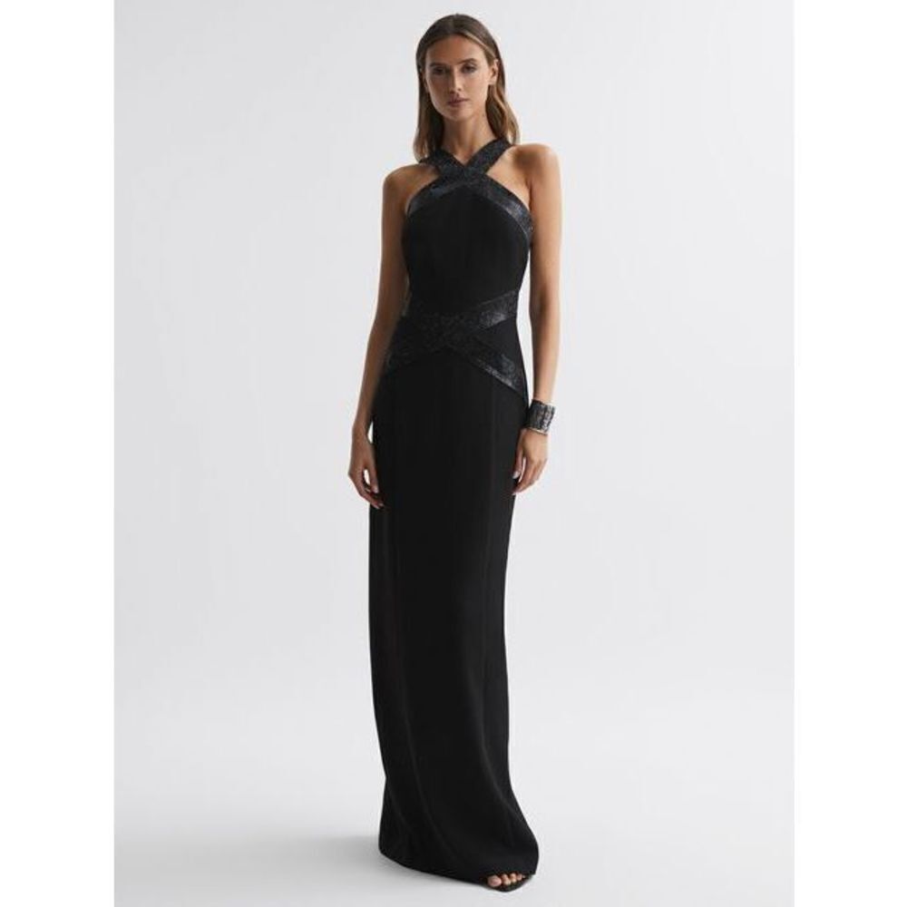 HALSTON Reiss Joyce Halter Neck Embellished Maxi Formal Dress Gown Black Size 4